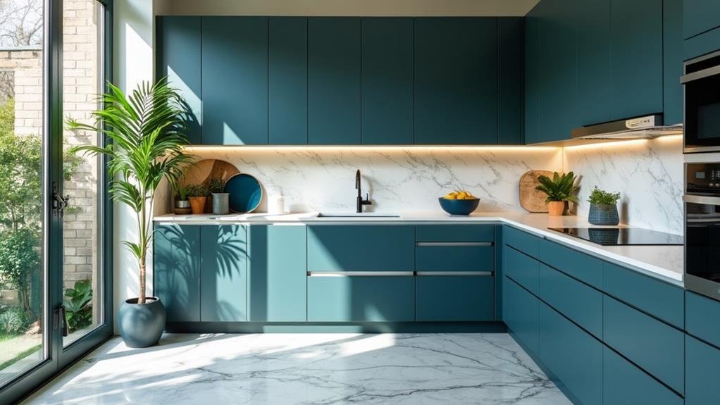 teal in blue kitchen