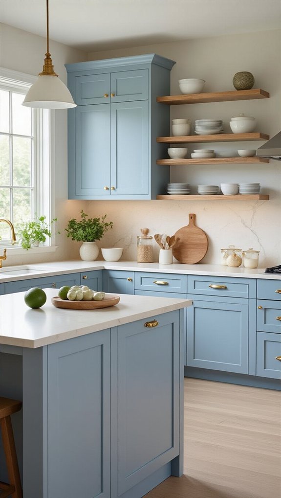 blue lower white upper cabinets
