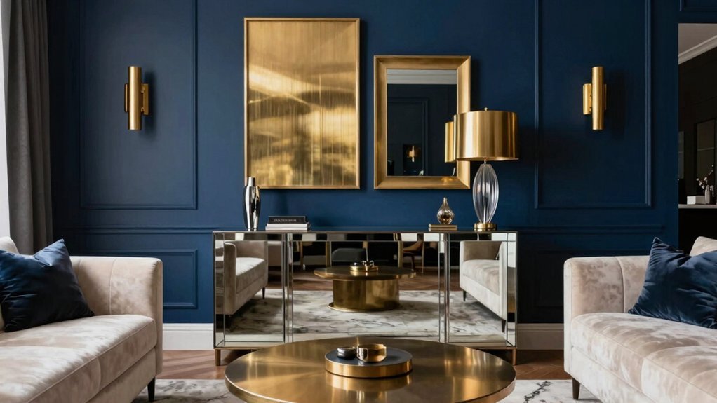 copper mirror warms navy rooms