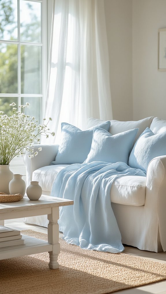 light blue linens with white accents