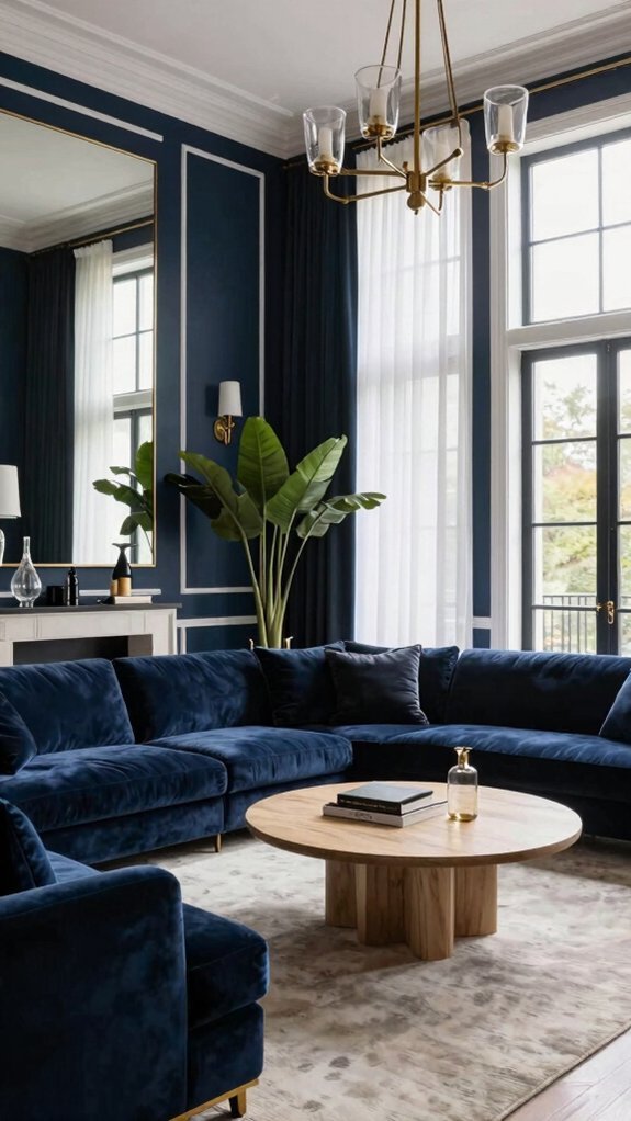 navy walls white trim oak floors