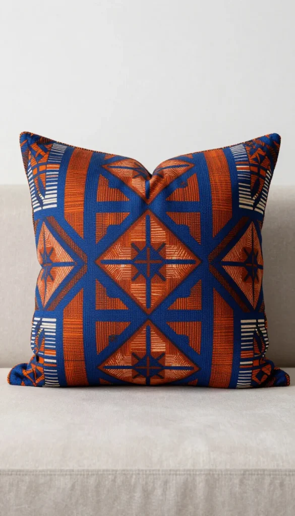 1. Ankara Wax Print Throw Pillow Cover — Cobalt and Rust