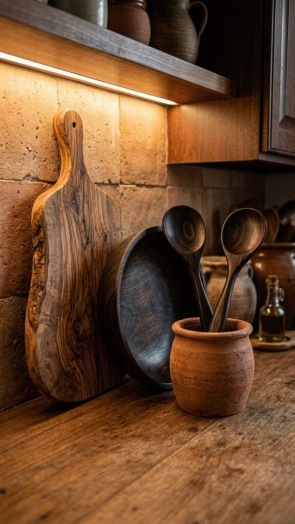 Olive-wood-cutting-board-ebony-bowl-and-dark-wood-utensils-on-counter