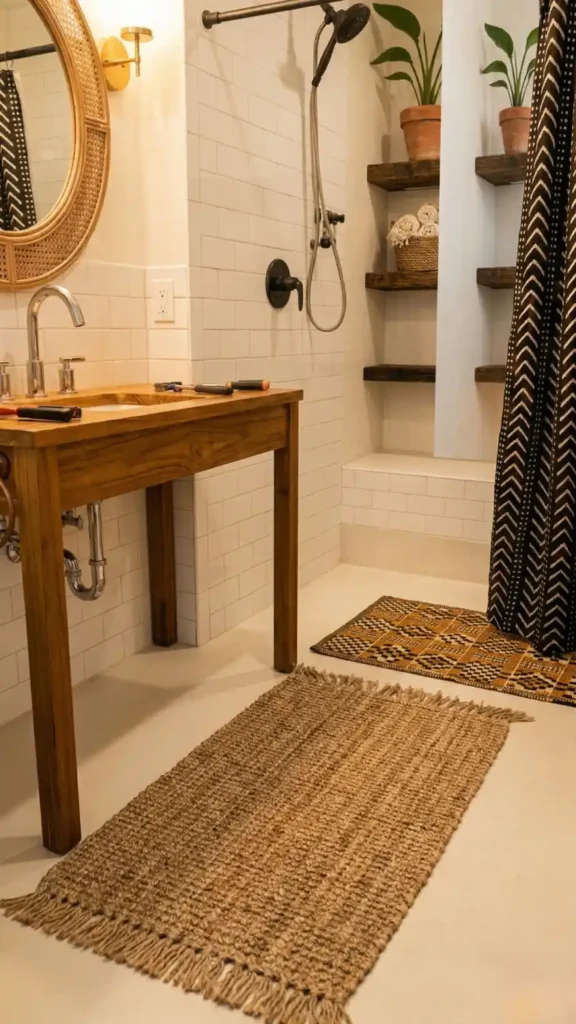Afro Bohemian bathroom floor being assembled