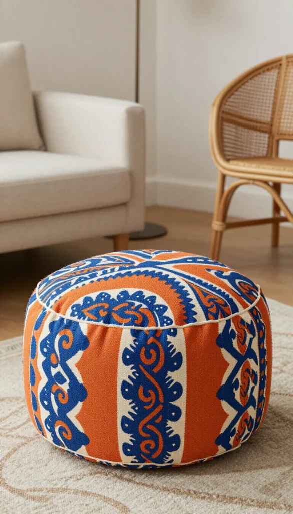 7. Ankara Print Pouf — Ottoman — Blue and Orange