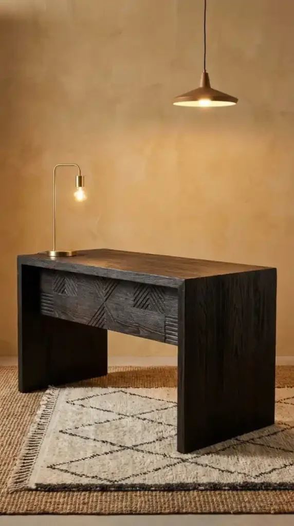 Reclaimed-dark-ebony-desk-with-carved-motif-on-warm-ochre-plaster