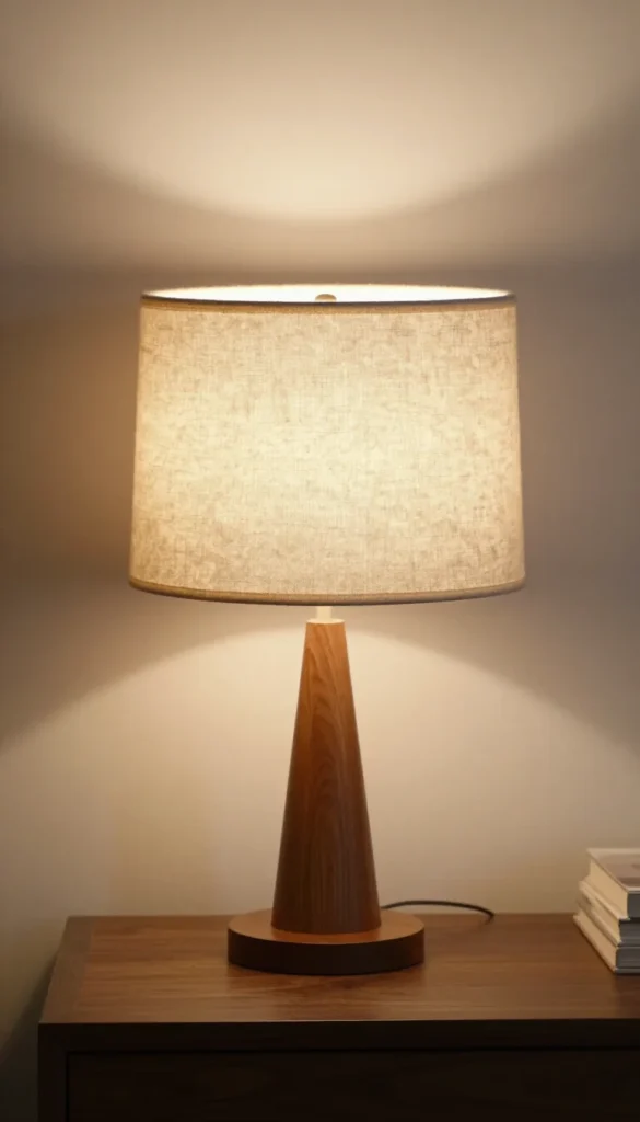 6. Linen Drum Shade Lamp with Wooden Base — Under $45