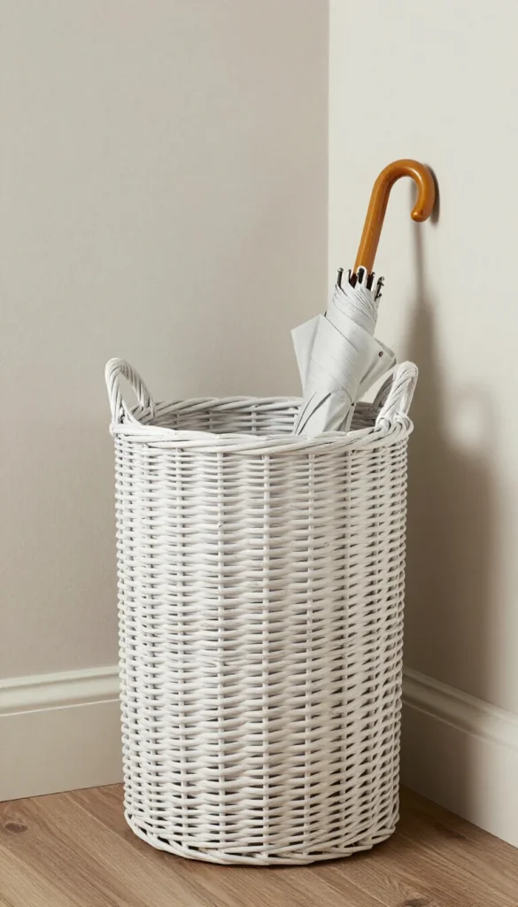 7. Tall Cylindrical Wicker Floor Basket — Whitewashed