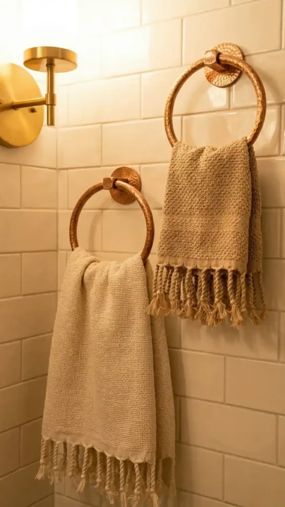 Turkish cotton towels with natural fiber fringe being hung on hammered copper towel rings on a warm cream tile bathroom wall