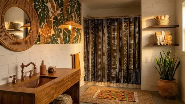 Wide editorial shot of an Afro Bohemian bathroom mid-styling process