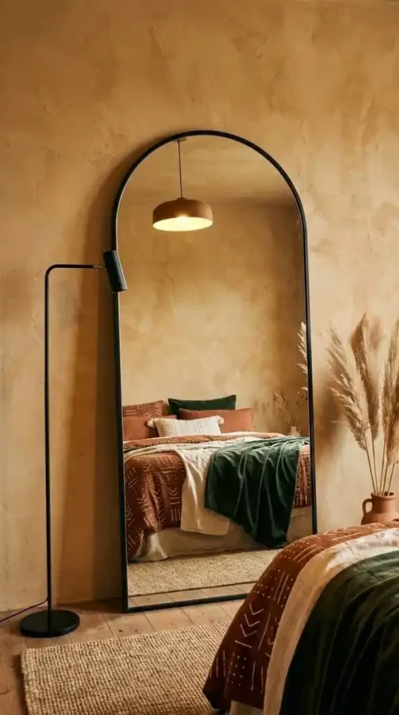 a-large-arched-floor-mirror-with-a-thin-matte-black-metal-frame-leaning-against-a-warm-ochre-plaster-wall