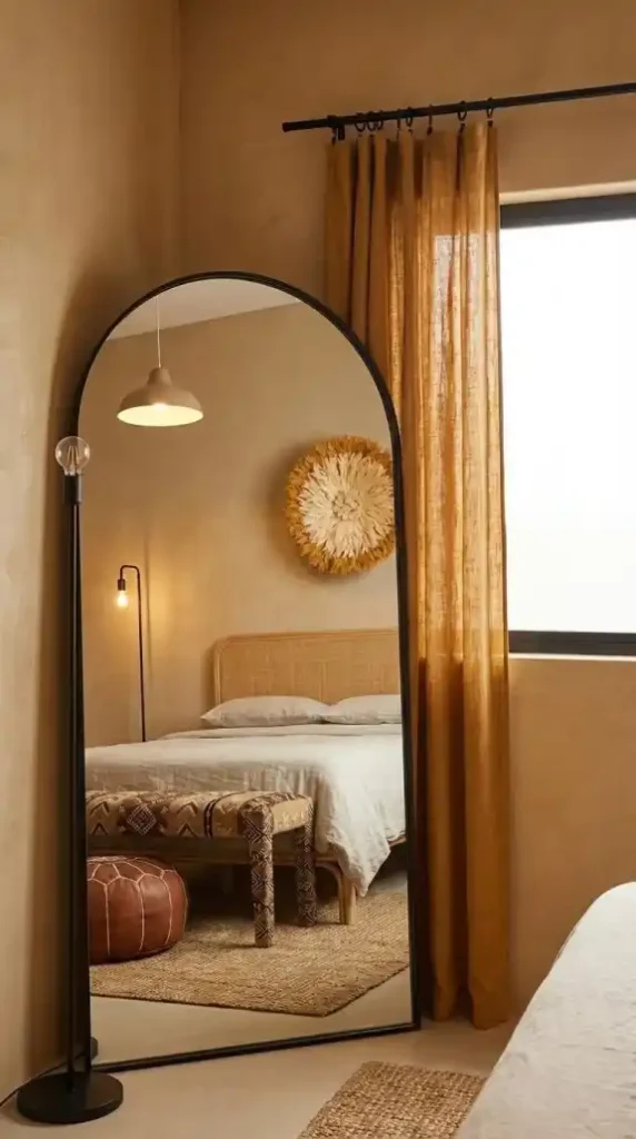 a-large-arched-floor-mirror-with-thin-matte-black-metal-frame-leaning-against-a-warm-ochre-plaster-wall