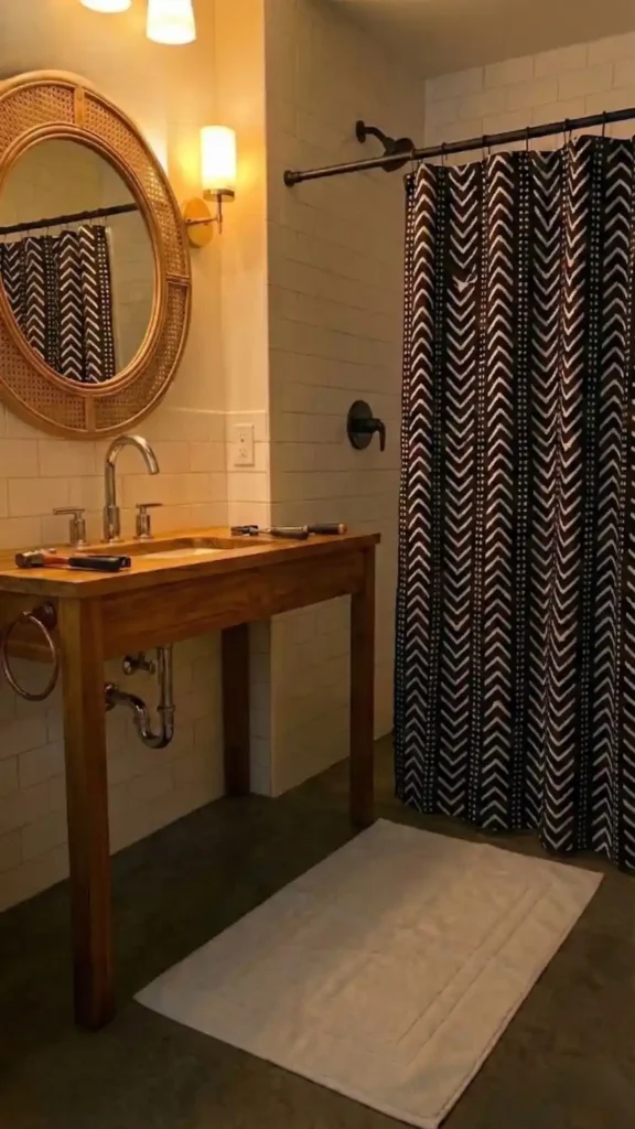 a large circular rattan-framed mirror being positioned on a warm cream tile bathroom wall above a teak vanity 