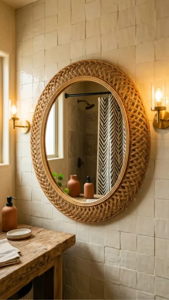 a-large-circular-rattan-framed-mirror-mounted-on-a-warm-cream-tile-bathroom-wall-above-a-teak-vanity