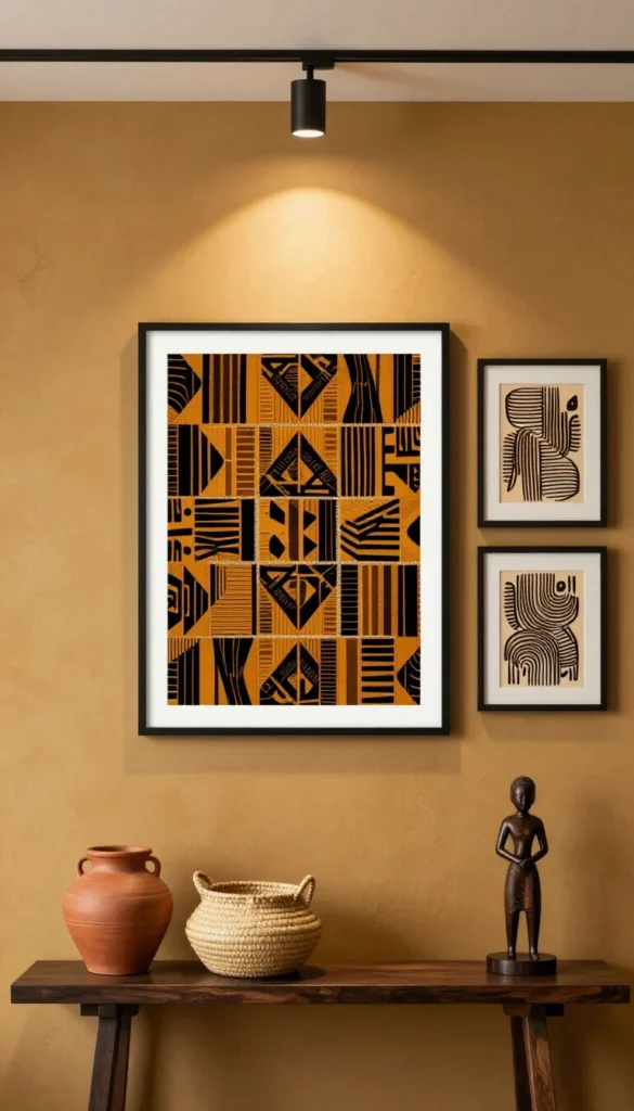 a large framed kente-inspired geometric print in ochre and black on a warm ochre plaster wall, flanked by two smaller framed abstract African line-art prints