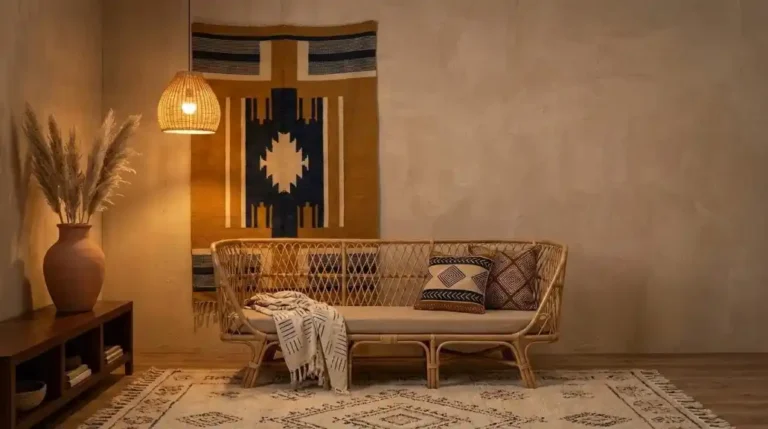 a-large-woven-ochre-and-indigo-tapestry-on-a-warm-sand-plaster-wall-behind-it