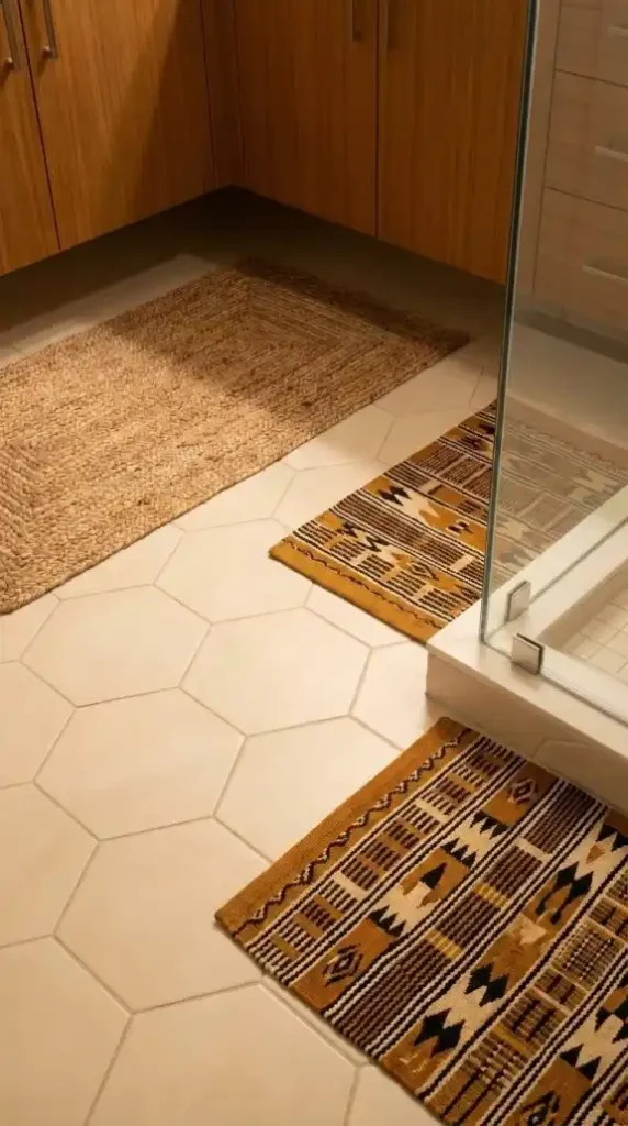 a-natural-jute-bath-mat-positioned-in-front-of-the-vanity-a-smaller-hand-woven-kente-inspired-bath-mat-in-ochre-black-and-cream-geometric
