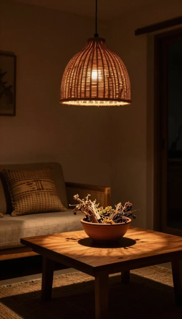  a rattan pendant light casting a warm amber circular glow pool downward onto a low wooden coffee table holding a terracotta bowl of dried botanicals
