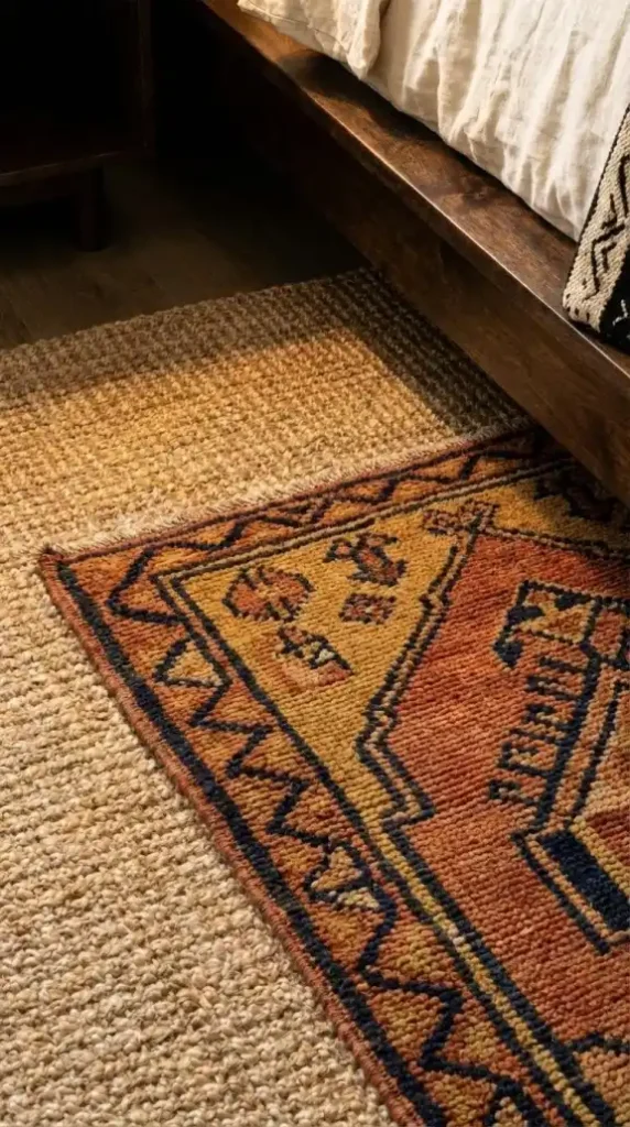 a-small-kilim-style-rug-in-ochre-terracotta-and-deep-indigo-geometric-pattern-layered-on-top-of-a-sisal-base-rug-at-the-bedroom-bedside