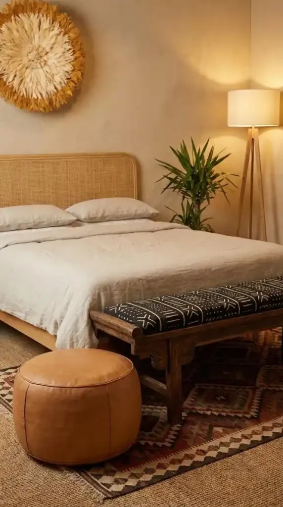 a-vintage-dark-mango-wood-bench-with-a-narrow-mud-cloth-cushion