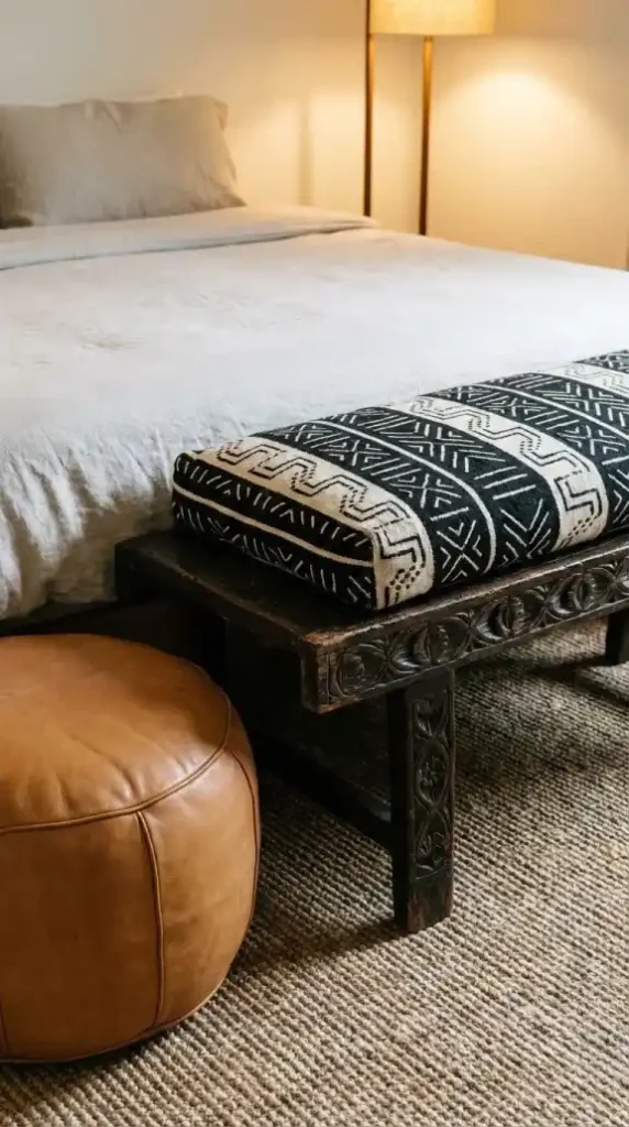 a-vintage-dark-wood-bench-with-a-mud-cloth-cushion-running-along-the-foot-of-the-bed