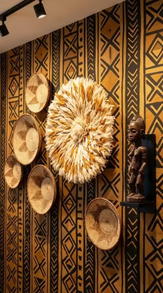 afro-bohemian-accent-wall-ochre-mud-cloth-wallpaper-dimensional-decor
