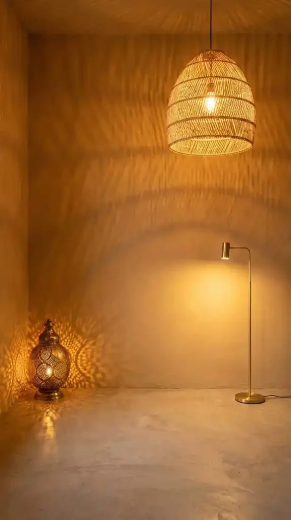 Bare-office-with-raffia-pendant-brass-lamp-and-Moroccan-lantern-only