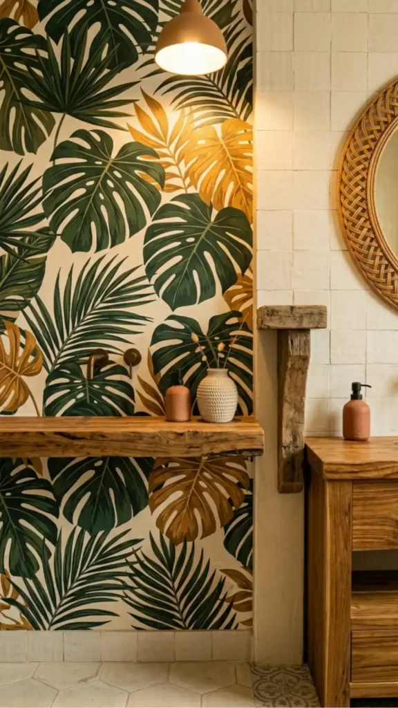 afro-bohemian-bathroom-accent-wall-covered-in-bold-botanical-wallpaper