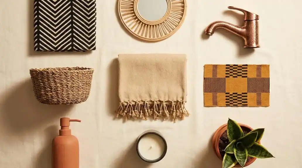 afro-bohemian-bathroom-starter-pieces-arranged-on-a-warm-cream-linen-surface