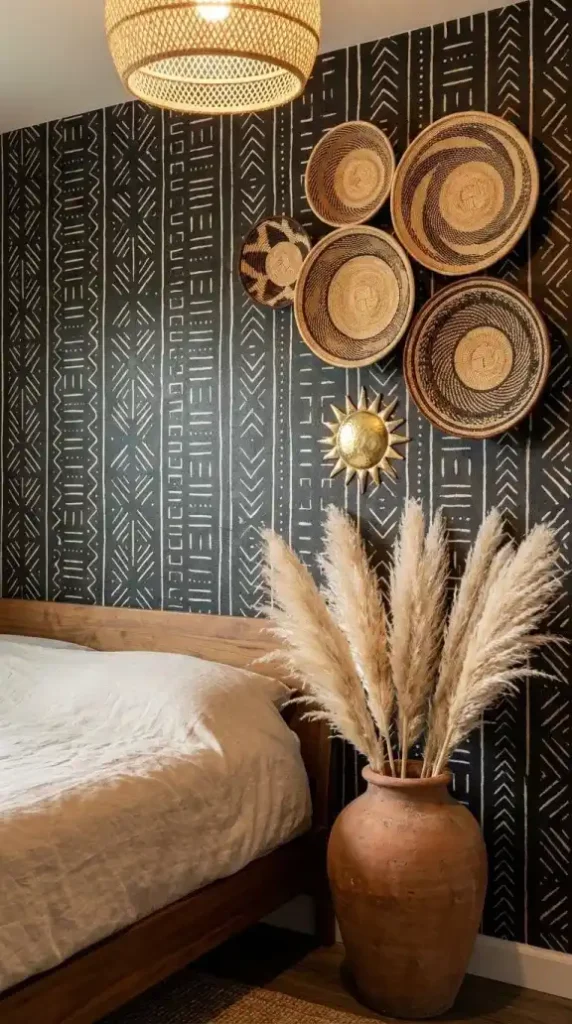 afro-bohemian-bedroom-accent-wall-tonga-binga-baskets-charcoal-bone-mud-cloth-wallpaper-brass-sun-pampas-grass