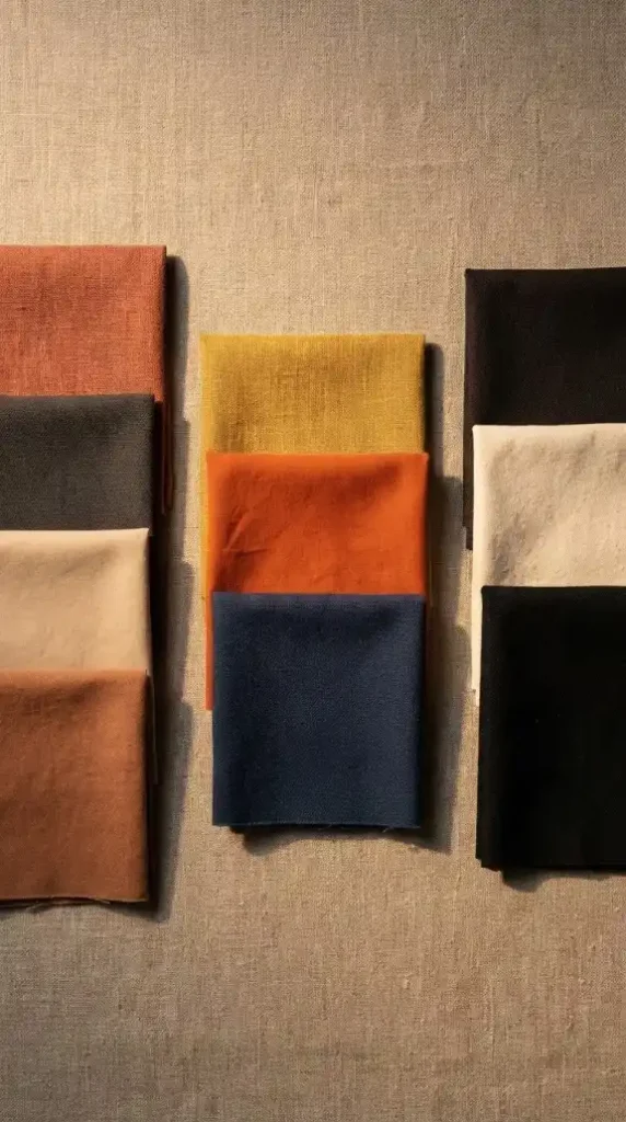 Afro-Bohemian-palette-three-fabric-swatch-groups-on-raw-linen