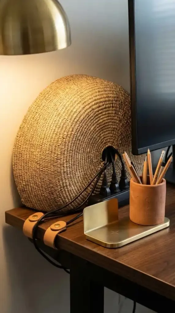 Bolga-basket-and-leather-cord-organizer-on-Afro-Bohemian-office-desk