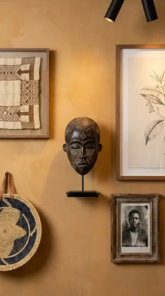 Four-layer-office-gallery-wall-with-mask-Kuba-cloth-and-Bolga-basket