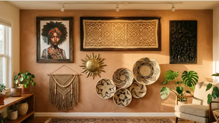 Fully-assembled-Afro-Bohemian-gallery-wall-at-warm-golden-hour