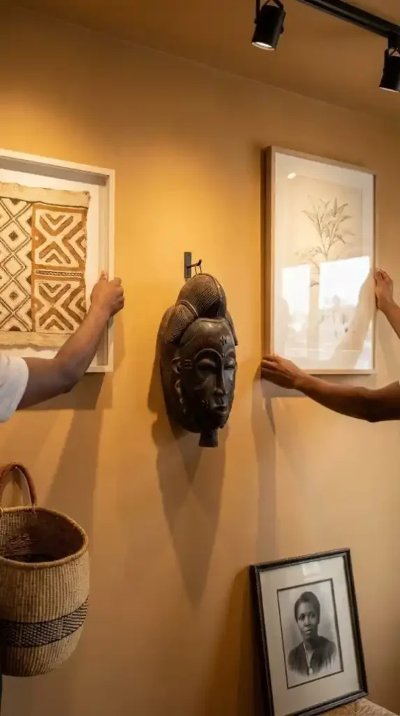 Four-layer-gallery-wall-being-assembled-with-mask-and-Kuba-cloth