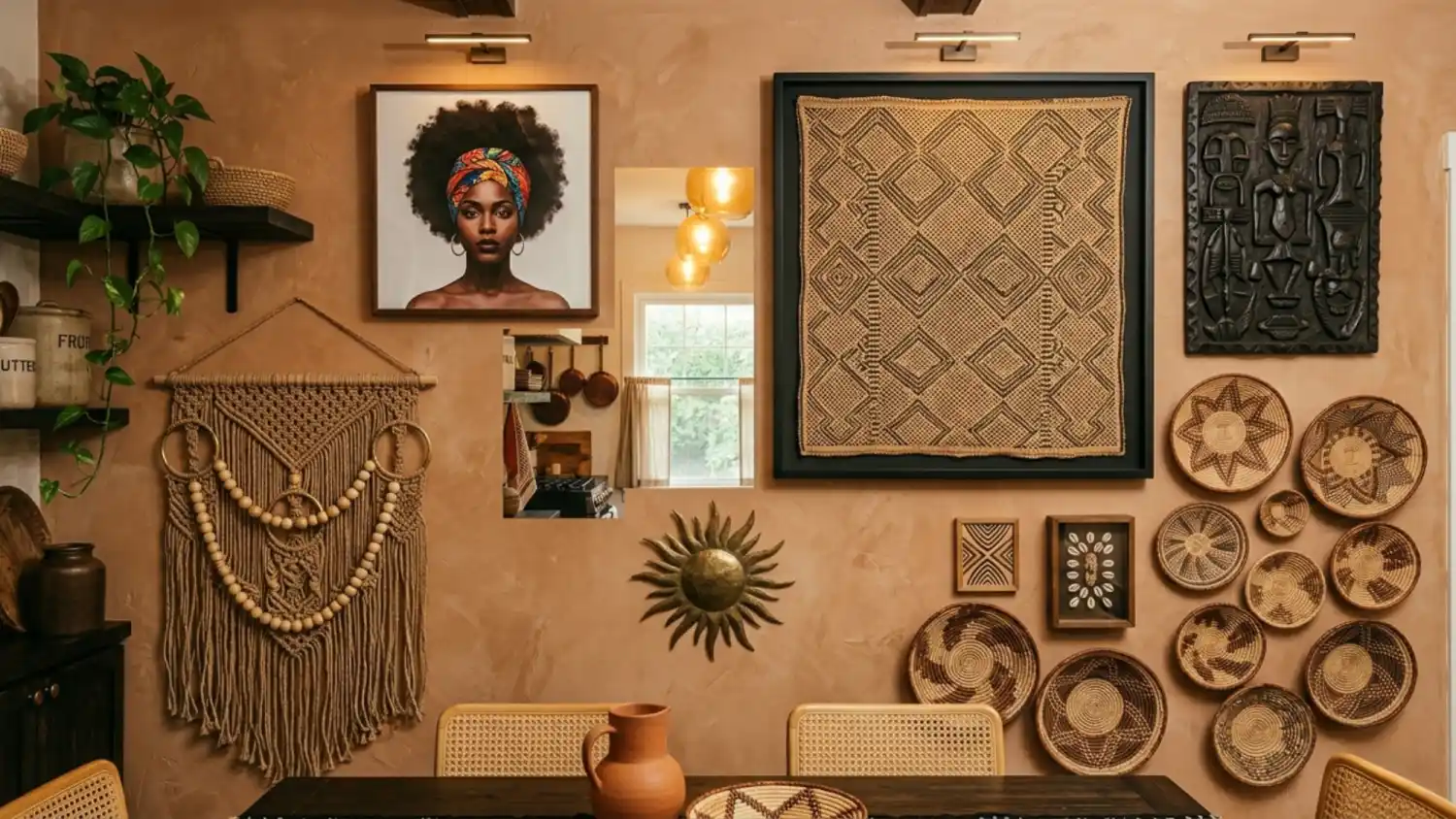 Fully-layered-Afro-Bohemian-gallery-wall-with-baskets-mask-and-macramé