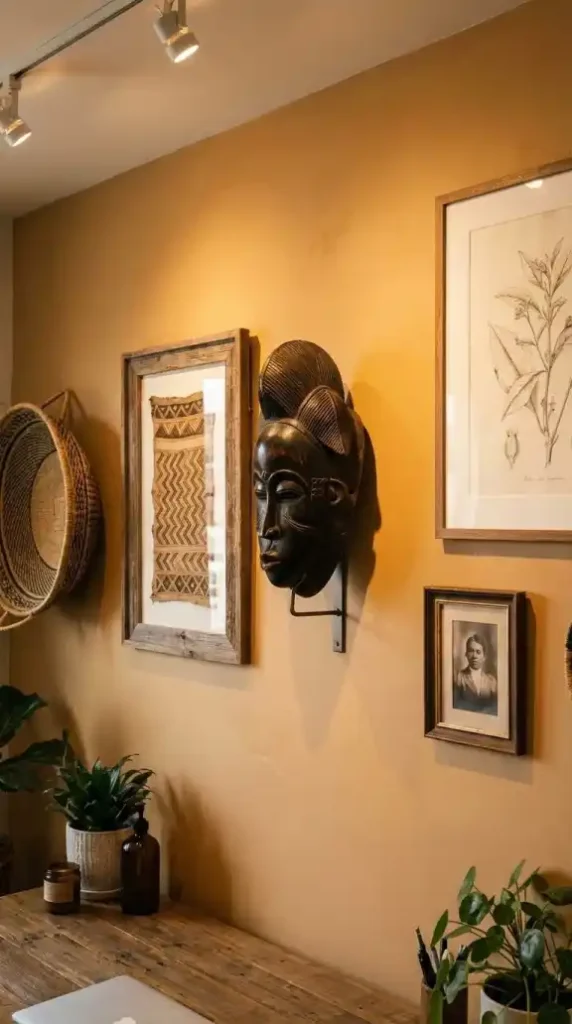 Afro-Bohemian-office-gallery-wall-with-masks-baskets-and-framed-prints