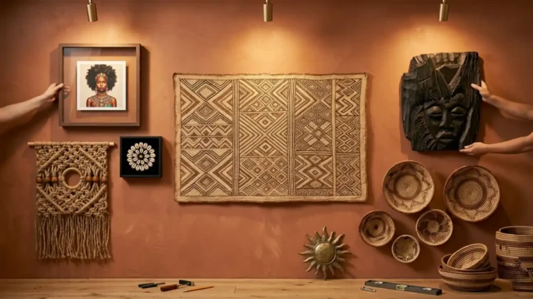 Afro-Bohemian-gallery-wall-mid-styling-with-Kuba-cloth-and-baskets