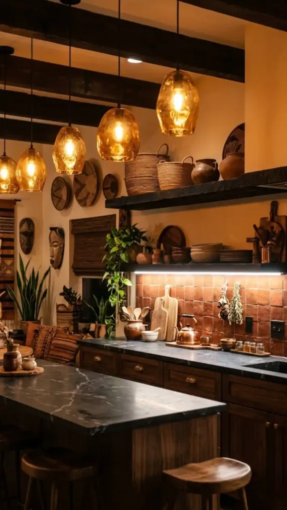 Amber-glass-pendants-and-bright-under-shelf-task-lighting-in-kitchen