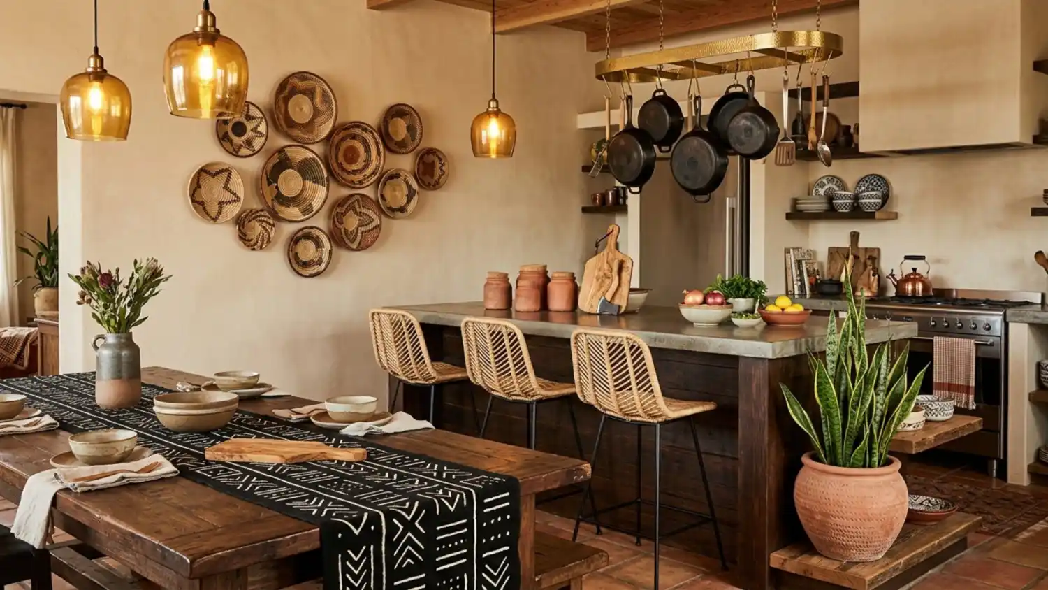 Beginner-Afro-Bohemian-kitchen-with-mud-cloth-runner-and-rattan-stools