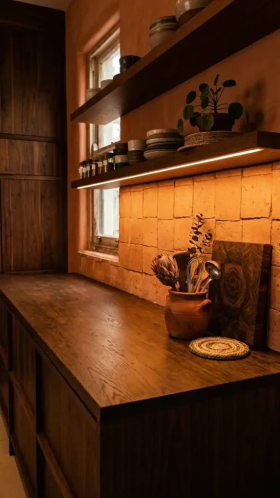 Afro-Bohemian-kitchen-counter-with-deliberate-negative-space-beside-objects