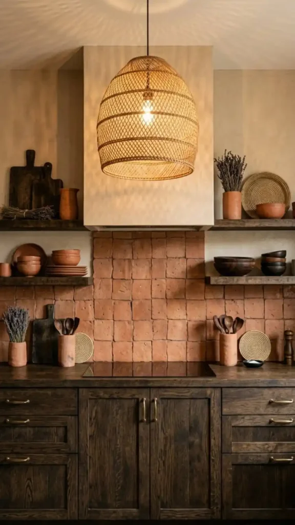 Dark-stained-wood-cabinets-with-terracotta-tile-and-rattan-pendant