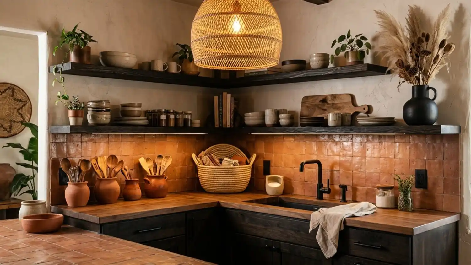 Warm-Afro-Bohemian-kitchen-with-dark-open-shelving-and-terracotta-backsplash