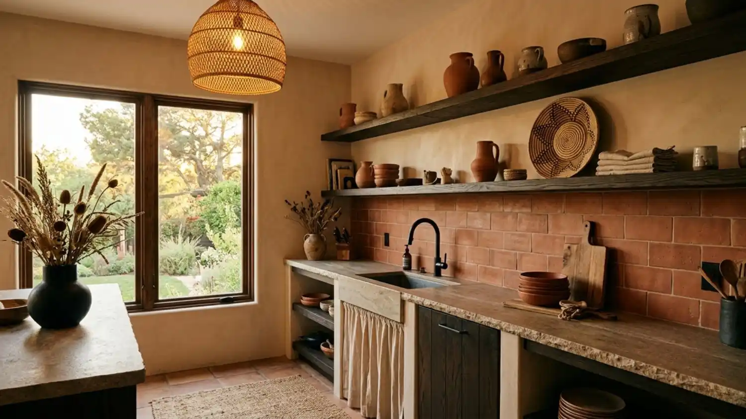 Afro-Bohemian-kitchen-with-terracotta-tile-and-rattan-pendant-light