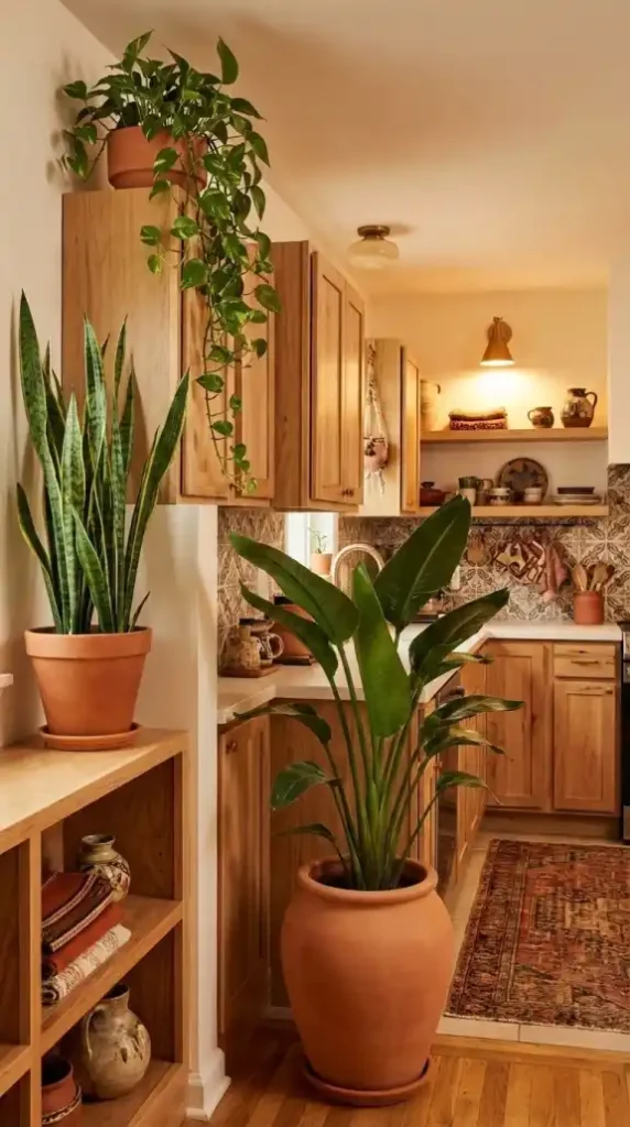 Snake-plant-trailing-pothos-and-bird-of-paradise-in-terracotta-kitchen-pots
