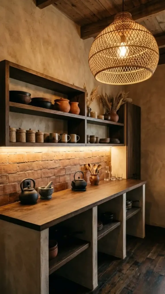 Afro-Bohemian-kitchen-material-layer-with-terracotta-tile-open-shelving