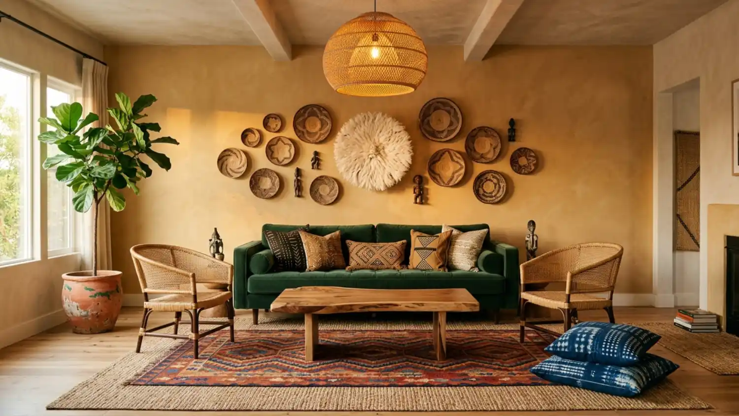 Fully-assembled-Afro-Bohemian-living-room-at-warm-golden-hour