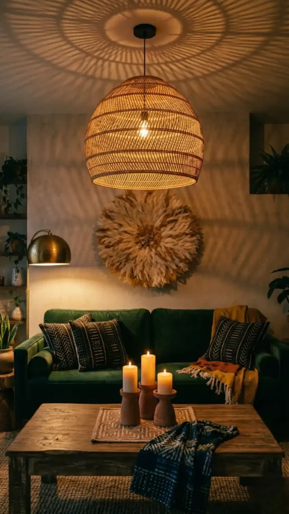 Three-distinct-light-sources-in-Afro-Bohemian-living-room-evening