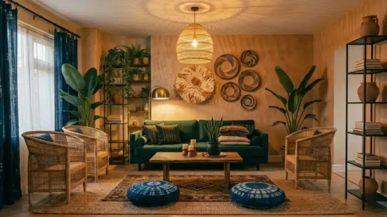 Fully-layered-Afro-Bohemian-living-room-with-rust-velvet-sofa