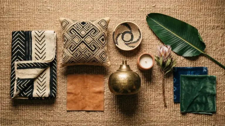 Ten-Afro-Bohemian-living-room-starter-pieces-flat-lay-on-jute